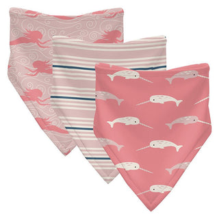 KicKee Pants Girl's Print Bamboo Bandana Bib (Set of 3) - Baby Rose Mermaid, Flotsam Stripe & Strawberry Narwhal