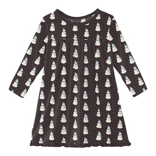 KicKee Pants Girl's Print Bamboo Classic Long Sleeve Swing Dress - Midnight Tiny Snowman