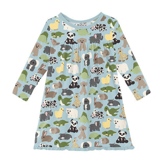 KicKee Pants Girl's Print Bamboo Classic Long Sleeve Swing Dress - Spring Sky Too Many Stuffies