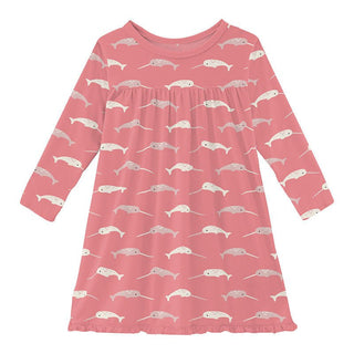 KicKee Pants Girl's Print Bamboo Classic Long Sleeve Swing Dress - Strawberry Narwhal