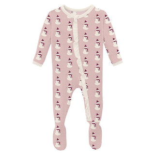 KicKee Pants Girl's Print Bamboo Classic Ruffle Footie with 2-Way Zipper - Baby Rose Tiny Snowman