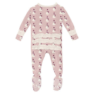 KicKee Pants Girl's Print Bamboo Classic Ruffle Footie with 2-Way Zipper - Baby Rose Tiny Snowman