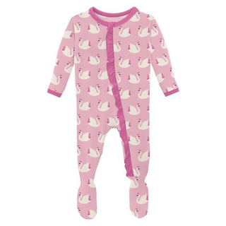 KicKee Pants Girl's Print Bamboo Classic Ruffle Footie with 2-Way Zipper - Cake Pop Swan Princess 