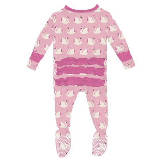 KicKee Pants Girl's Print Bamboo Classic Ruffle Footie with 2-Way Zipper - Cake Pop Swan Princess 