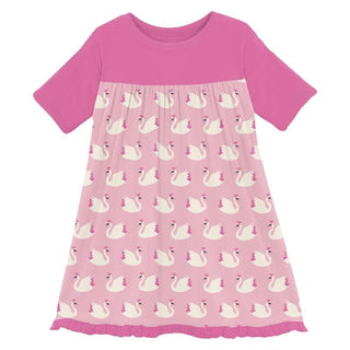 KicKee Pants Girl's Print Bamboo Classic Short Sleeve Swing Dress - Cake Pop Swan Princess 