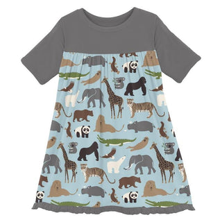 Girl's Print Bamboo Classic Short Sleeve Swing Dress - Spring Sky Zoo KicKee Pants