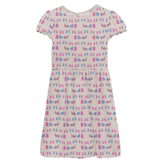 KicKee Pants Girl's Print Bamboo Flutter Sleeve Twirl Dress with Pockets - Latte 3 Little Kittens 