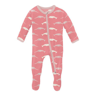 KicKee Pants Girl's Print Bamboo Footie with 2-Way Zipper - Strawberry Narwhal