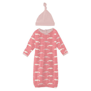 KicKee Pants Girl's Print Bamboo Layette Gown & Single Knot Hat Set - Strawberry Narwhal