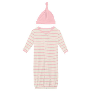 Girl's Print Bamboo Layette Gown Converter & Single Knot Hat Set - Lotus Sweet Stripe KicKee Pants