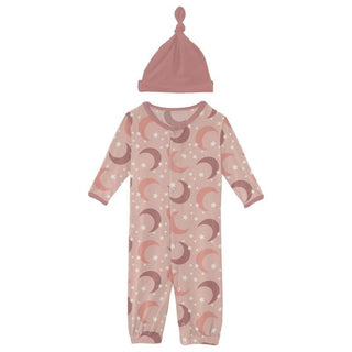 Girl's Print Bamboo Layette Gown Converter & Single Knot Hat Set - Peach Blossom Moon and Stars Baby & Toddler Sleepwear