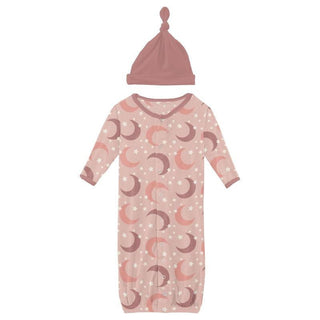 Girl's Print Bamboo Layette Gown Converter & Single Knot Hat Set - Peach Blossom Moon and Stars Baby & Toddler Sleepwear