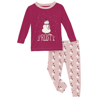 KicKee Pants Girl's Print Bamboo Long Sleeve Graphic Tee Pajama Set - Baby Rose Tiny Snowman | Stylish Sleepies offer designs that make bedtime beautiful.