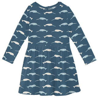 KicKee Pants Girl's Print Bamboo Long Sleeve Twirl Dress - Deep Sea Narwhal