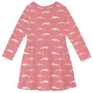 KicKee Pants Girl's Print Bamboo Long Sleeve Twirl Dress - Strawberry Narwhal