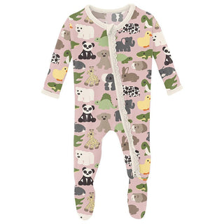 Girl's Print Bamboo Muffin Ruffle Footie with 2-Way Zipper - Baby Rose Too Many Stuffies Baby & Toddler Sleepwear