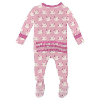 Girl's Print Bamboo Muffin Ruffle Footie with 2-Way Zipper - Cake Pop Swan Princess KicKee Pants