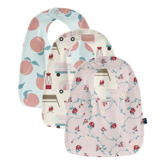 KicKee Pants Girls Print Bib Set - Natural Camping, Fresh Air Peaches and Macaroon Floral Vines - One Size