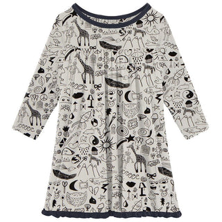 KicKee Pants Girls Print Classic Long Sleeve Swing Dress - Doodles