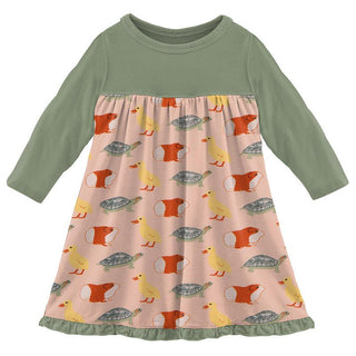 Girl's Print Bamboo Classic Long Sleeve Swing Dress - Peach Blossom Class Pets KicKee Pants