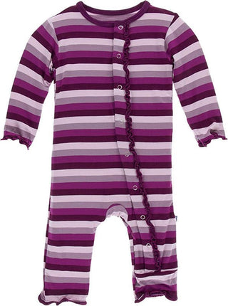 Girl's Print Bamboo Classic Ruffle Coverall with Snaps - Coral Stripe KicKee Pants