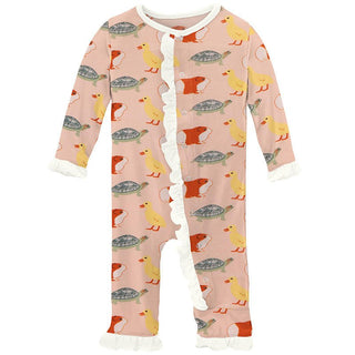 Girl's Print Bamboo Classic Ruffle Coverall with Snaps - Peach Blossom Class Pets KicKee Pants