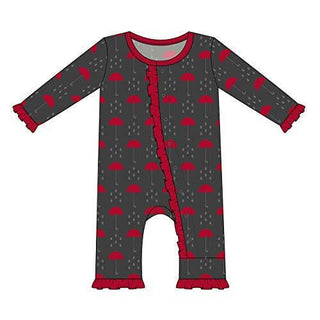 Girl's Print Bamboo Classic Ruffle Coverall with Snaps - Umbrellas and Rain Clouds KicKee Pants