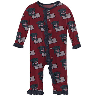 Girl's Print Bamboo Classic Ruffle Coverall with Snaps - Wild Strawberry Dog Ate My Homework KicKee Pants