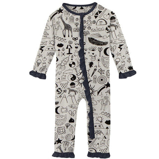 KicKee Pants Girls Print Classic Ruffle Coverall with Zipper - Doodles