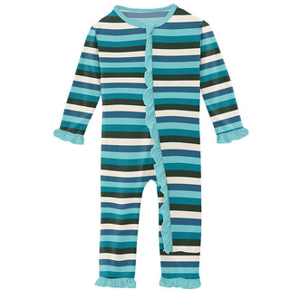 Girl's Print Bamboo Classic Ruffle Coverall with Zipper - Ice Multi Stripe KicKee Pants