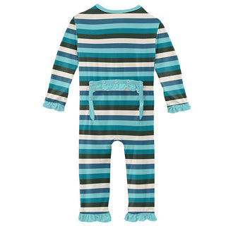 Girl's Print Bamboo Classic Ruffle Coverall with Zipper - Ice Multi Stripe KicKee Pants