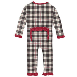 Girl's Print Bamboo Classic Ruffle Coverall with Zipper - Midnight Holiday Plaid Baby & Toddler Sleepwear