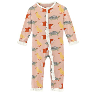 Girl's Print Bamboo Classic Ruffle Coverall with Zipper - Peach Blossom Class Pets Baby & Toddler Sleepwear