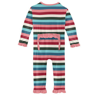 KicKee Pants Girls Print Classic Ruffle Coverall with Zipper - Snowball Multi Stripe