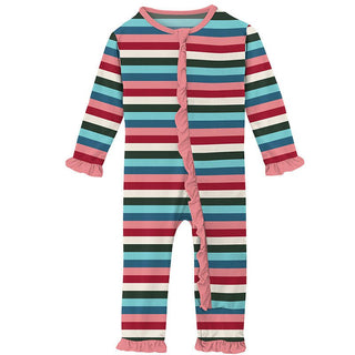 KicKee Pants Girls Print Classic Ruffle Coverall with Zipper - Snowball Multi Stripe