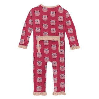 Girl's Print Bamboo Classic Ruffle Coverall with Zipper - Taffy Wise Owls Baby & Toddler Sleepwear