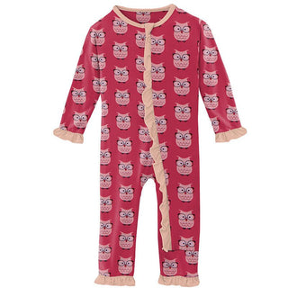 KicKee Pants Girls Print Classic Ruffle Coverall with Zipper - Taffy Wise Owls