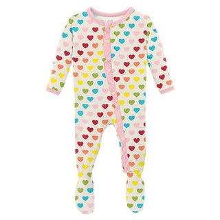 Girl's Print Bamboo Classic Ruffle Footie with 2-Way Zipper - Rainbow Hearts Baby & Toddler Sleepwear