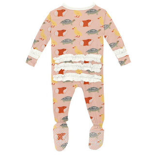 Girl's Print Bamboo Classic Ruffle Footie with Snaps - Peach Blossom Class Pets KicKee Pants