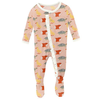 Girl's Print Bamboo Classic Ruffle Footie with Snaps - Peach Blossom Class Pets KicKee Pants