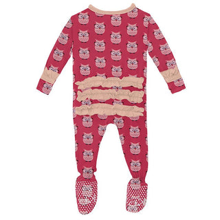 Girl's Print Bamboo Classic Ruffle Footie with Snaps - Taffy Wise Owls Baby & Toddler Sleepwear