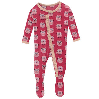 Girl's Print Bamboo Classic Ruffle Footie with Snaps - Taffy Wise Owls Baby & Toddler Sleepwear