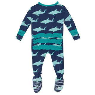 Girl's Print Bamboo Classic Ruffle Footie with Zipper - Flag Blue Sharky Baby & Toddler Sleepwear