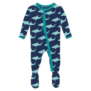 Girl's Print Bamboo Classic Ruffle Footie with Zipper - Flag Blue Sharky Baby & Toddler Sleepwear