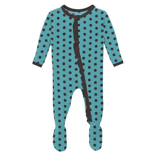 Girl's Print Bamboo Classic Ruffle Footie with Zipper - Glacier Polka Dots KicKee Pants