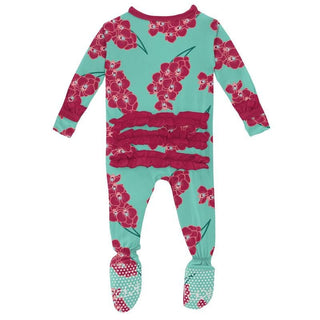 Girl's Print Bamboo Classic Ruffle Footie with Zipper - Glass Orchids KicKee Pants