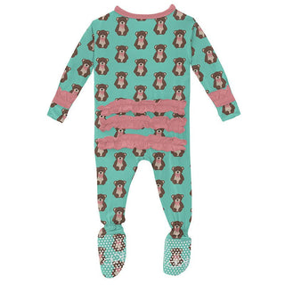 Girl's Print Bamboo Classic Ruffle Footie with Zipper - Glass Teddy Bear Baby & Toddler Sleepwear