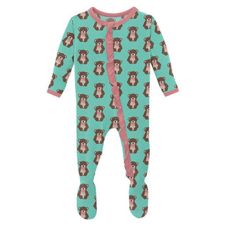 Girl's Print Bamboo Classic Ruffle Footie with Zipper - Glass Teddy Bear Baby & Toddler Sleepwear