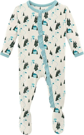 Girl's Print Bamboo Classic Ruffle Footie with Zipper - Natural Chairlift KicKee Pants