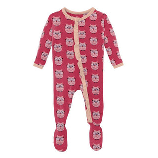 Girl's Print Bamboo Classic Ruffle Footie with Zipper - Taffy Wise Owls Baby & Toddler Sleepwear